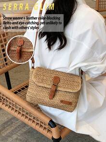 Retro-Chic Woven Tote Bag Beach Vacation Straw Crossbody Bag Summer Casual Messenger Bag Vintage Rustic Handbag Forest Cottagecore Handbag Inspired Woven Bag-Perfect For Beach Trips Vacations Commuting Parties Birthday Gifts Valentine's Day Gifts Mother's Day Gifts - 小號卡其色 - 查看 5