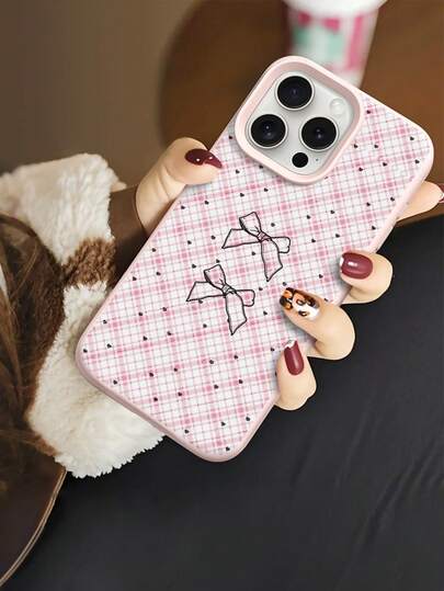 1个格子爱心图案液态硅胶防震手机壳，兼容 Xs/Xs Max/Xr/11/12/13/14/15/16 Pro/Pro Max/14/15/16 Plus/17，可作为节日礼物，男女通用