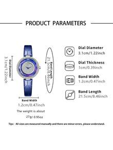 DOM 1pc Women's Luxury Watch, Purple-Blue Tone, Crystal Diamond Dial, Blue Leather Strap, Minimalist Design, Ideal Party Gift - Silver - View 9