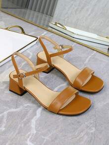 Wide Strap Buckle Chunky Heel Sandals, French Style Mid-Heel Sandals For Plus Size Women, Open Toe Ankle Strap Classic High Heel Fashionable Sandals - Khaki - View 18