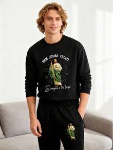 Men's Printed Sweatpants And Sweatshirt Set,Jesus Pullover,Spanish Christian Faith Unisex Pullover,Versatile For Daily Casual Wear, Weekend Outings, Hangouts With Friends, Traveling And More. This Matching Set Is An Essential Wardrobe Staple For Men And Makes A Great Gift For Boyfriends Or Husbands, Fall Clothes - 黑色 - 查看 1