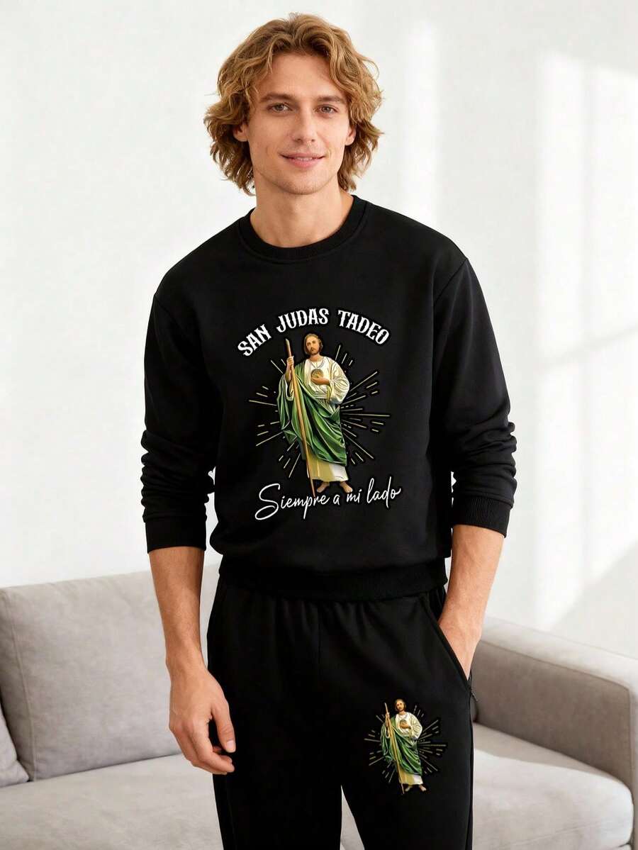Men's Printed Sweatpants And Sweatshirt Set,Jesus Pullover,Spanish Christian Faith Unisex Pullover,Versatile For Daily Casual Wear, Weekend Outings, Hangouts With Friends, Traveling And More. This Matching Set Is An Essential Wardrobe Staple For Men And Makes A Great Gift For Boyfriends Or Husbands, Fall Clothes - 黑色 - 查看 1