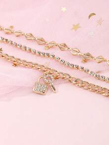 Set de 3 piezas con cadena de llavero, colgante y pulsera de cristal dorado - Dorado - Ver 4