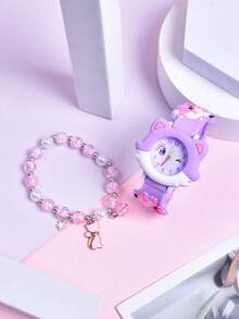 2pcs Girls' Gift Set: 2026 New Soft Silicone Strap Cartoon Cat Design Watch, Creative Blinking Cat Quartz Wrist Watch, Colorful Beaded Bracelet For Elementary Students - Purple - View 7