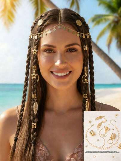 Mixed Star & Moon Headband Set, Fashionable Bohemian Style Silver Alloy Chain With Crystal Pendant, Exquisite Jewelry Suitable For Women To Wear At Parties, Festivals, Daily Occasions, And For Girls