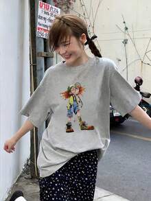 日系女式夏季宽松圆领短袖字母卡通印花T恤 - 淺花灰 - 查看 4