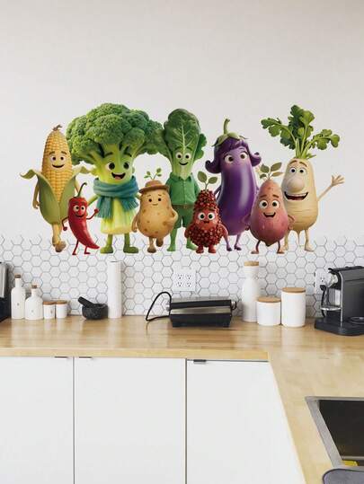 1张可爱卡通蔬菜表情墙贴，可移除装饰，适用于厨房、餐厅、卧室