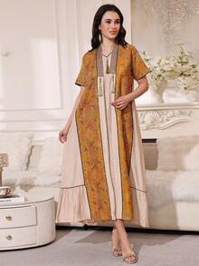 2026 New Style Ramadan Traditional Elegant Embroidered Beaded Dress With Tassel Trim, Short Sleeve Jalabia Dress - Apricot - View 7