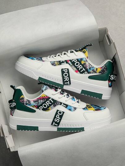 Men's New Fashion Random Letter Print Contrast Color PU Patchwork Front Lace-Up Skate Shoes, Niche Versatile Casual Daily Commute Comfortable Flat Sports Sneakers