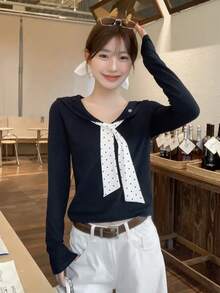 Women's Casual Turndown Collar Contrast Polka Dot Tie Front Long Sleeve Blouse, Spring/Summer - Navy Blue - View 1