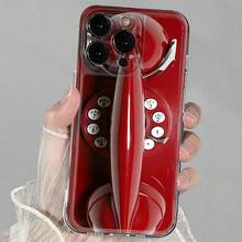 Soft TPU Shock-Absorbing Phone Case - Bright Red Retro Telephone Design - Clear - View 1