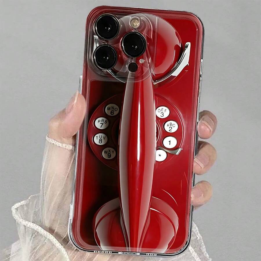 Soft TPU Shock-Absorbing Phone Case - Bright Red Retro Telephone Design - Clear - View 1