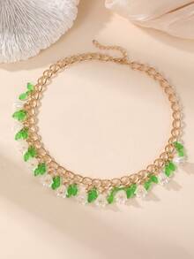 1/2pcs Fashion Sweet Lily Of The Valley & Leaf Necklace Earrings Jewelry Set, Suitable For Daily, Date, Vacation, Party - Yellow Gold - View 9