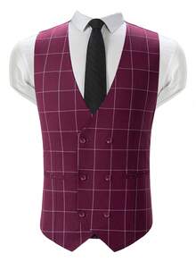 Mens Suit 4 Piece Suit Plaid Double Breasted Formal Business Wedding Prom Suit Male Groom, Blazer+Vest+Pant - Màu đỏ tía với cà vạt - Xem 3