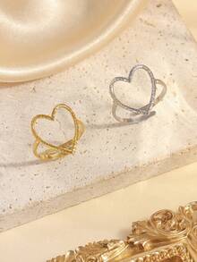 两件套不锈钢简约金银心形开口戒指，适合女士日常佩戴或作为礼物 - 彩色 - 查看 1