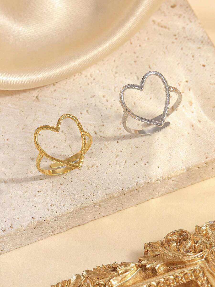 两件套不锈钢简约金银心形开口戒指，适合女士日常佩戴或作为礼物 - 彩色 - 查看 1