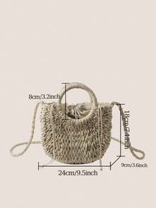 BAILEE 1 件装时尚波西米亚度假风纯色编织草编包，饰有丝带，圆形手柄，女士手提沙滩包，适合休闲旅行度假，简约百搭，户外休闲购物 - 白色 - 查看 11