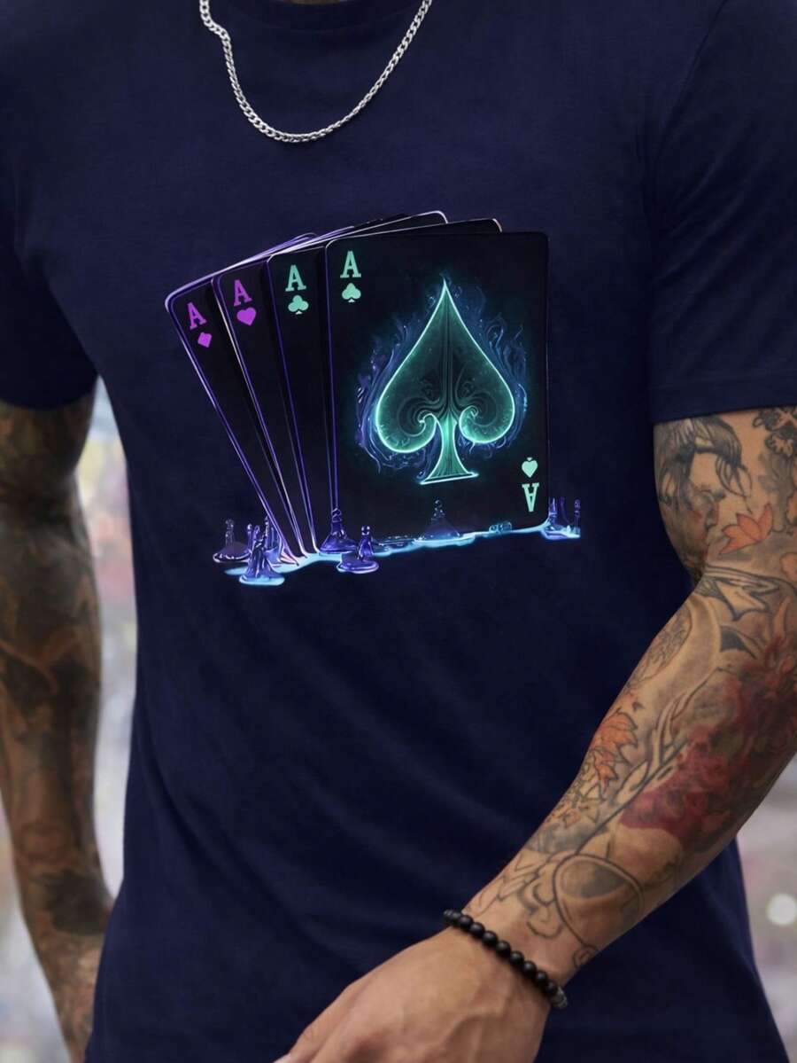 Camiseta Masculina Cartas Blusa Gola Redonda Manga Curta Algodão - Azul Marinho - Visão 1