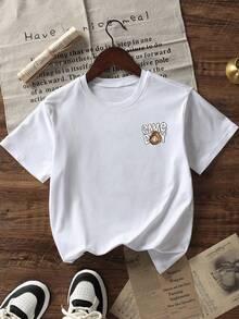 1件婴儿/幼儿男童创意卡通图案字母标语印花基本款圆领短袖T恤，休闲时尚 - 白色 - 查看 3