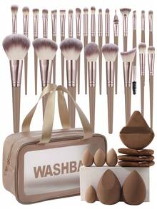 36pcs/31pcs/10pcs Full Set Of Makeup Brushes Includes 25/20 Soft Makeup Brushes, Such As Loose Powder Brush, Blush Brush, Contour Brush, Highlighter Brush, Foundation Brush, Nose Shadow Brush, Eyeshadow Brush, Eyebrow Brush, Lip Brush And Detail Brush + 1 Travel Waterproof Makeup Bag + 4 Triangular Puffs + 2 Liquid Beautyeggs + 4 Mini Beauty Eggs, Suitable For Beginners, Professional Makeup And Novice Beauty. - Brown - View 1