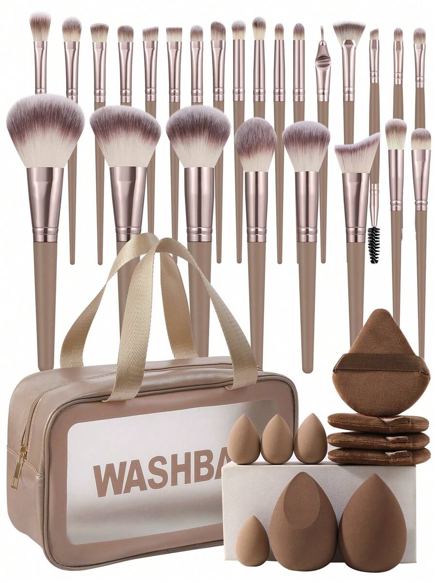36pcs/31pcs/10pcs Full Set Of Makeup Brushes Includes 25/20 Soft Makeup Brushes, Such As Loose Powder Brush, Blush Brush, Contour Brush, Highlighter Brush, Foundation Brush, Nose Shadow Brush, Eyeshadow Brush, Eyebrow Brush, Lip Brush And Detail Brush + 1 Travel Waterproof Makeup Bag + 4 Triangular Puffs + 2 Liquid Beautyeggs + 4 Mini Beauty Eggs, Suitable For Beginners, Professional Makeup And Novice Beauty. - Brown - View 1