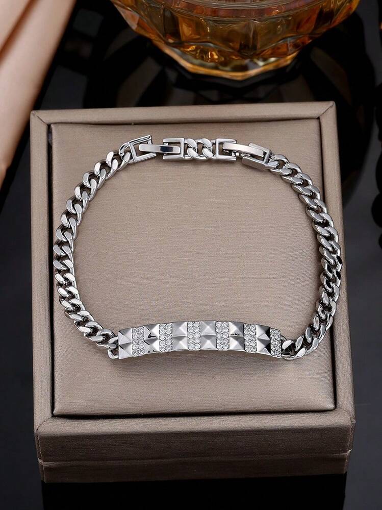 1pc Fashionable Minimalist Rhinestone Inlaid Cuban Link Bracelet, Luxury Feel, Versatile Delicate Jewelry Gift Or Personal Use - Bracelet - View 2