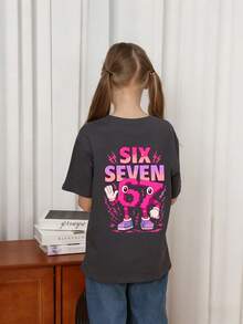 少女款“SIX SEVEN”卡通数码印花粉色T恤，适合日常穿着、街头风、活动场合，休闲百搭的夏季女童上衣 - 深灰色 - 查看 5
