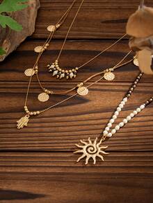 2件套波西米亚几何链条串珠亮片莲花火焰吊坠项链，奢华多层项链，适合婚礼、派对、度假、日常休闲、街拍，女士及情侣礼物 - 項鍊 - 查看 9