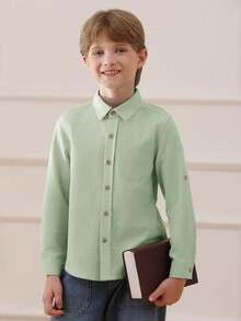 2026 Boys Linen Button Down Shirt Kids Long Sleeve Tops With Chest Pocket Casual Dress Shirt 5-14 Years - Light Green - View 6