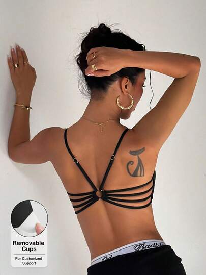 女士纯色圆领可调节肩带露背运动针织文胸