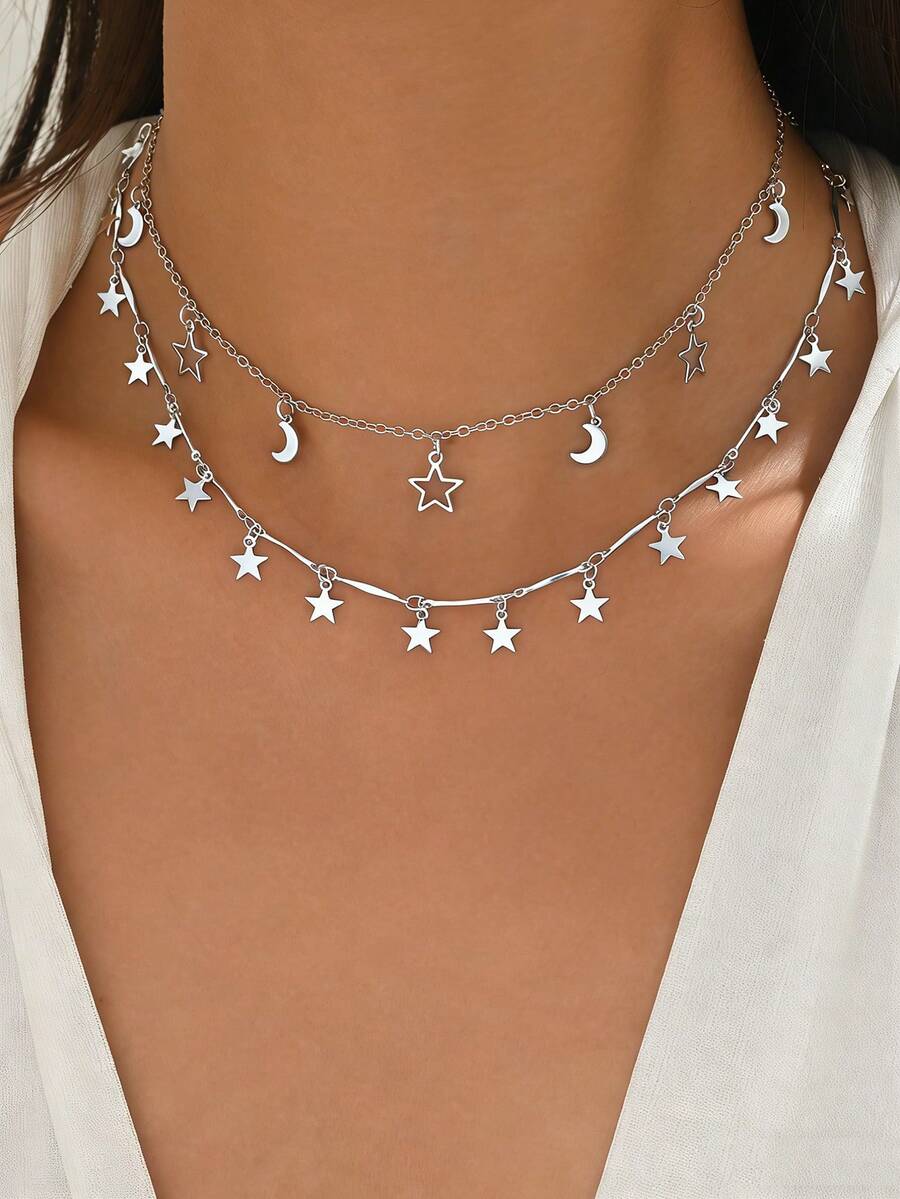 2 Stück/Set Stern & Mond Quaste Anhänger Halskette, modische zweischichtige Choker Halskette, handgefertigte verstellbare Länge Halskette geeignet für den täglichen Gebrauch, Dates und Fotoshootings - Silber - Übersicht 1