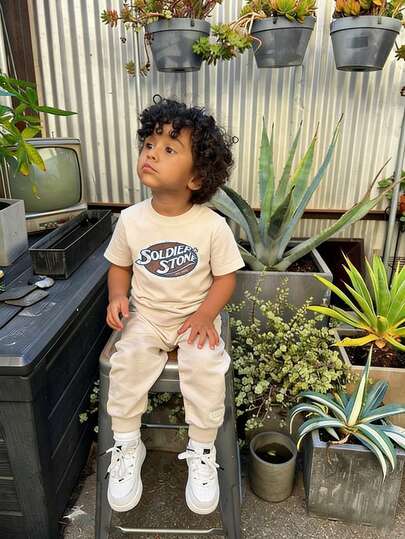 1pc Infant/Toddler Boys' Creative Cartoon Graphic Letter Slogan Print Basic Round Neck Short Sleeve T-Shirt, Casual & Fashionable