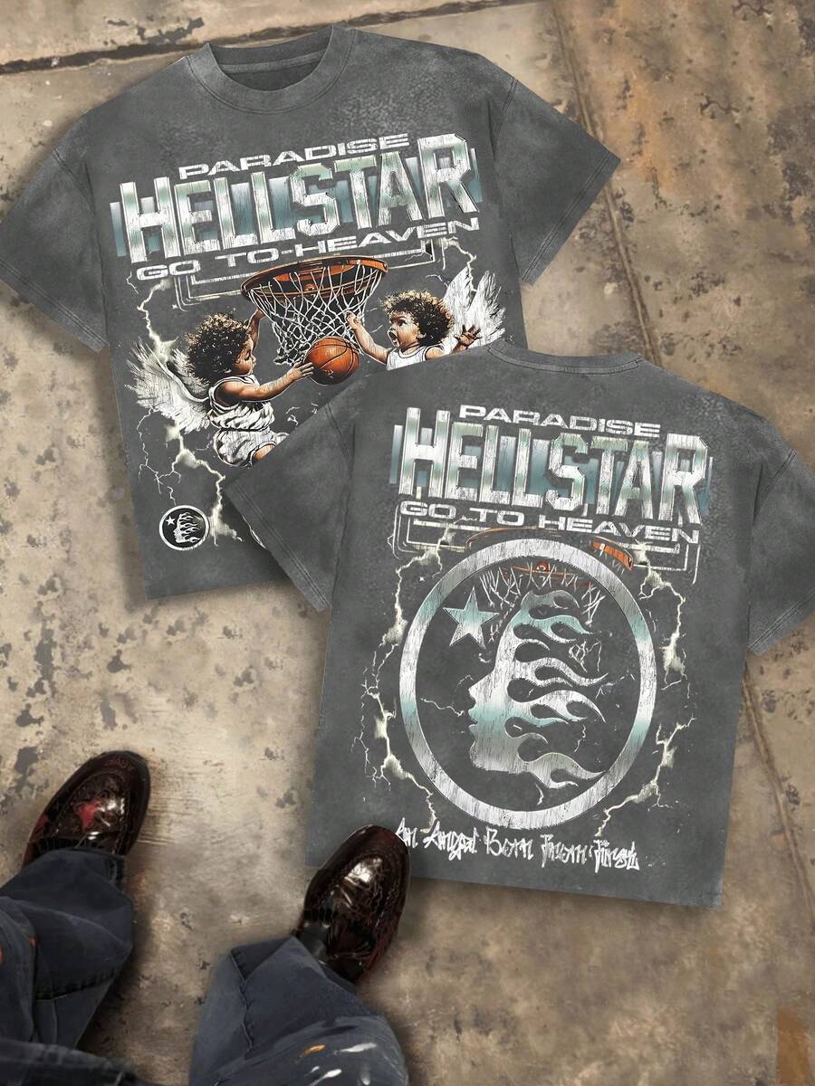 Angel Dunk & "PARADISE GO TO HEAVEN" Text Men's 230g Combed Washed Cotton T-Shirt, Street  Short-Sleeve Top, American Dark Hardcore Style Apparel, Spring Summer Crew Neck Top, Suitable For Summer Daily Casual Wear - Xám - Xem 1
