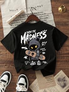 Camiseta de cuello redondo de manga corta con estampado informal para niños preadolescentes, top de verano - Negro - Ver 4