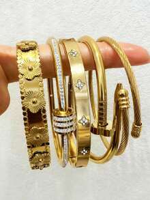 5件套简约优雅奢华闪亮星形手镯，钛钢材质，尽显高端气质，女士专属 - 金色3 - 查看 14