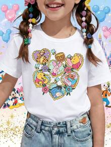 Disney Winnie The Pooh And Friends Heart Frames Floral Honey Pot Printed Pattern T-Shirts For Girls - Children's Clothing Design Short-Sleeved Casual And Cute Style Comfortable And Casual Wear All Year Round Suitable For Parties And Play Machine Washable Gift Children's Clothing Girls' Short-Sleeved Shirts - trắng - Xem 1