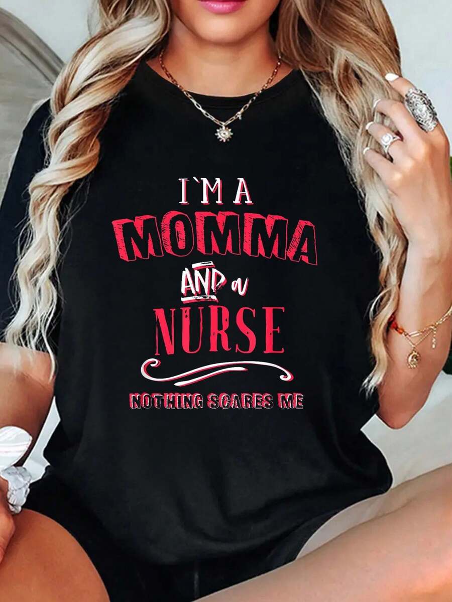playeras de algodón mujer, Soy mamá y enfermera. Nada me asusta. Regalo de enfermería. Camiseta para madres. conjuntos de mujer tops - Negro - Ver 1