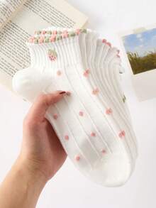 5 Pairs Women's White Ankle Socks, Cute Minimalist Floral Pattern Boat Socks, Suitable For All Seasons, Random Colors - Multicolor - View 5
