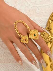 1pc Luxury Retro Synthetic Zirconia Heart Knuckle Ring, Suitable For Women's Banquet, Wedding, Party Wear - Gold - View 1