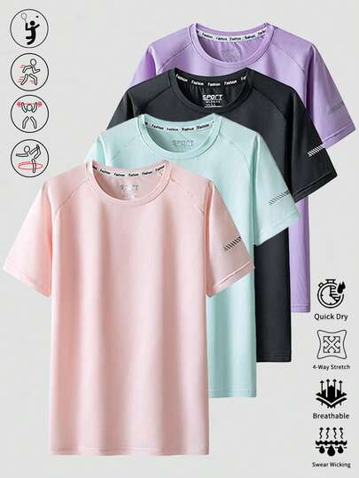 Damen Sport T-Shirt, hergestellt aus leichtem, elastischem Polyester-Mischgewebe, geeignet für Frühling und Sommer, mit hoher Farbbeständigkeit, basic lässiges Kurzarm-Shirt. Damen schnell trocknendes, elastisches Rundhals Sport T-Shirt für den Sommer, geeignet für Fitness-Training, Übungen, Laufen und Gym als grundlegendes Sportoberteil.