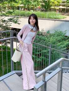 Cute Sweet Gentle Lace Trim Pink Casual Pants, Lightweight Loose Wide Leg Women's Trousers, Spring/Summer - Pinkish-purple - View 6