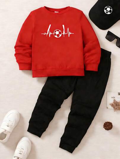 KID009|2 piezas|Conjunto de sudadera de cuello redondo para niño| Playful Pals 2 piezas Conjunto básico de sudadera de cuello redondo y pantalones deportivos negros para niño joven