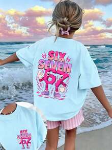 Camiseta rosa con estampado de dígitos coloridos "SEIS SIETE" 6 7 de dibujos animados para niña preadolescente, adecuada para uso diario, estilo callejero, eventos, y como top de verano casual y versátil - Celeste - Ver 2