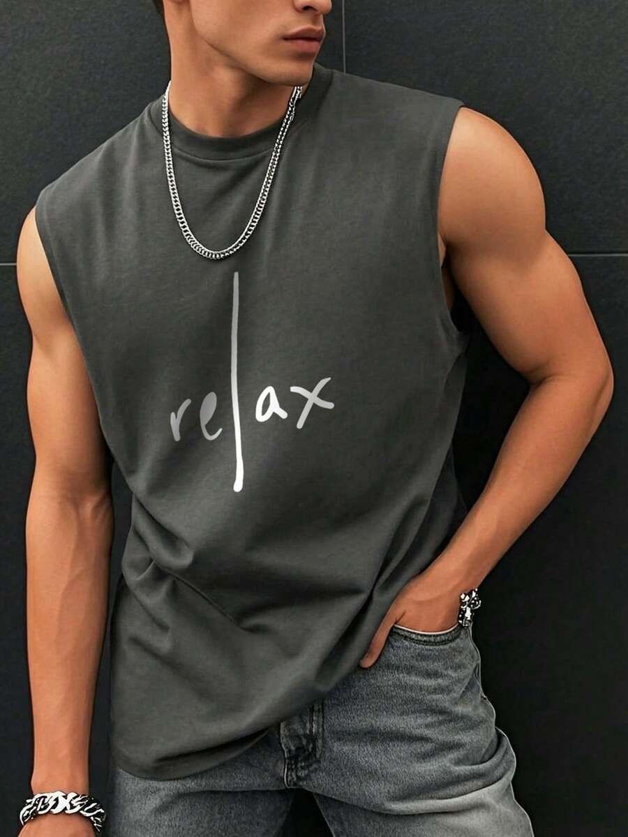 Men's Summer Letter Print Round Neck Casual Tank Top - Dark Grey - View 1