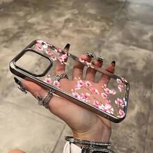 1pc Electroplated Glossy Shell Minimalist Personalized Diagonal Peach Blossom Pattern Phone Case, Compatible With IPhone 16 Pro Max, 17/16/15/14 Plus, 13/12/11 Protective Cover - Multicolor - View 4