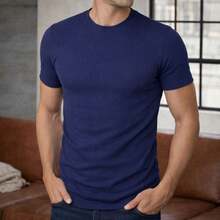 Men's Ribbed T-Shirt, Textured Shirt With Elastane - Blue - View 2