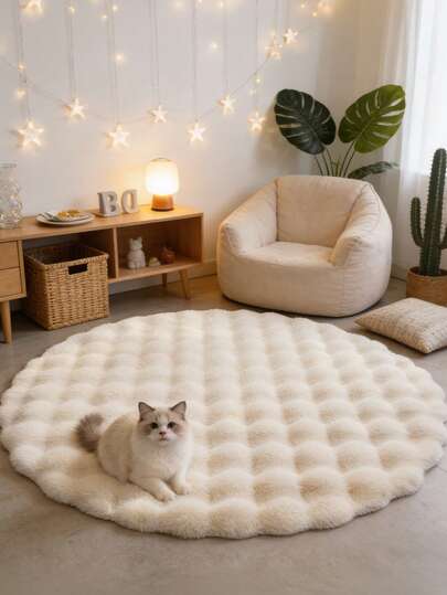 1pc Cream Fluffy Plush Round Carpet, Ins Style Lightweight French Pom-Pom Feeling Shaggy Rug, Decorative Room Aesthetic Carpet, Solid Color Home Decor, Suitable For Holiday Gatherings, Valentine's Day, Spring Festival, Living Room, Bedroom, Study, Corridor, Sound Insulation, Easy Maintenance, All Season