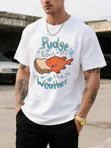 Men's Disney Casual T-Shirt, "Pudge Controls The Weather" Print, Cute Lilo & Stitch Design, Comfortable Soft Fabric, Ideal For Disney Fans - trắng - Xem 1