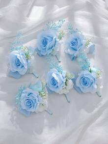 1件/2件/6件裝 藍色 Airen 玫瑰花配小茶苞，浪漫花卉胸針與手腕花飾，適合新娘、伴娘、新娘母親、母親 - 淺藍色 - 查看 5