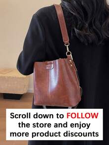High-End Versatile Bucket Bag, Fashionable Solid Color Shoulder Bag, Retro Niche Design, Women's Shoulder Bag, Suitable For Work, Commuting, Daily Outings, Shopping And Dating - Brown - View 3